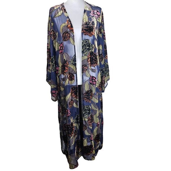 Le Lis Sheer Floral Velvet Burnout Kimono Cardigan OS Long Side Slits Boho Y2K - Picture 1 of 9